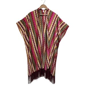 Cato Kimono Duster Womens One Size Pink Green Scallop Stripe Fringe Boho Lounge